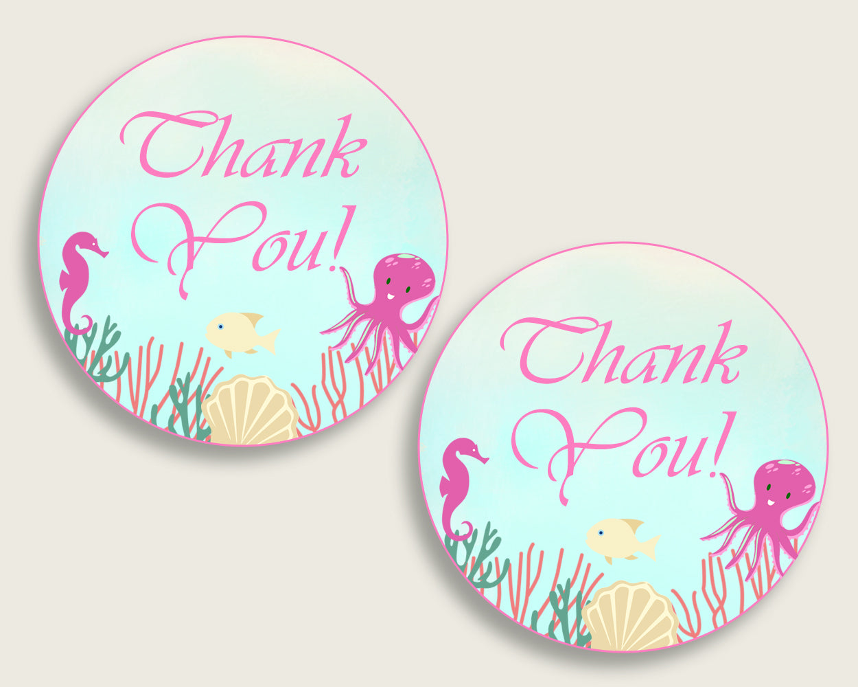 Under The Sea Baby Shower Round Thank You Tags 2 inch Printable, Pink Green Favor Gift Tags, Girl Shower Hang Tags Labels, Digital uts01