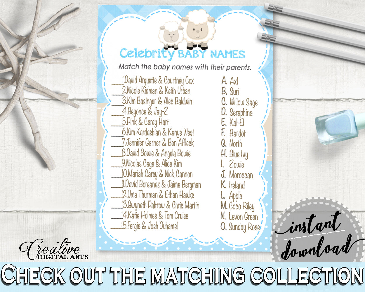 CELEBRITY BABY NAMES boy little lamb baby shower game blue theme sheep printable, digital files jpg pdf, instant download - fa001