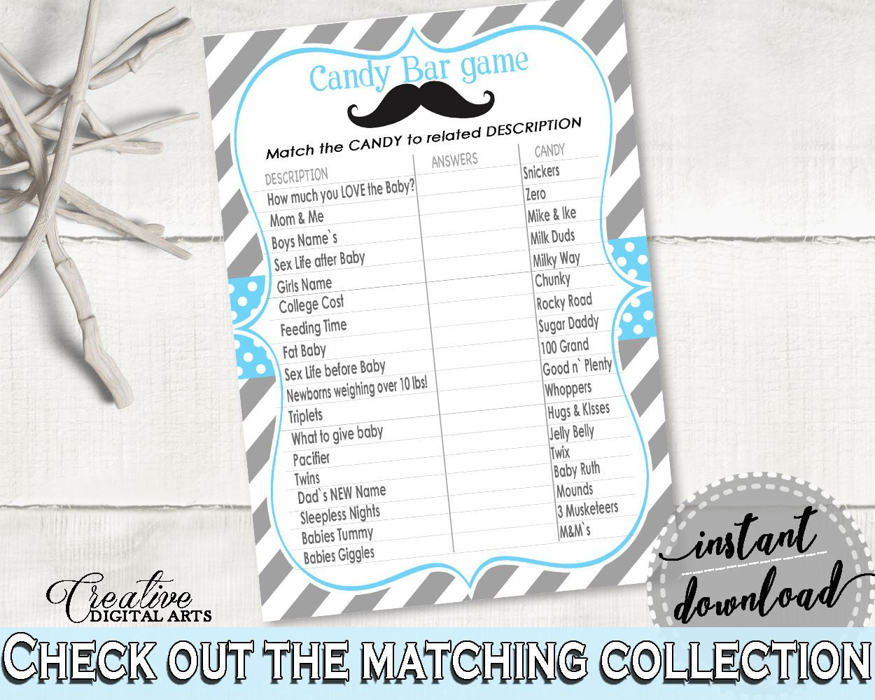 Candy Bar Game, Baby Shower Candy Bar Game, Mustache Baby Shower Candy Bar Game, Baby Shower Mustache Candy Bar Game Blue Gray 9P2QW - Digital Product