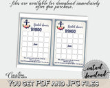 Nautical Anchor Flowers Bridal Shower Bingo Gift Game in Navy Blue, blank bingo card, sailboat helm wheel, party organizing, prints - 87BSZ - Digital Product