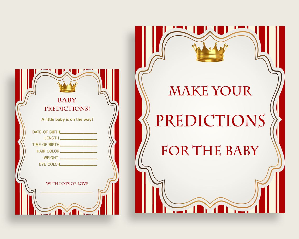 Prince Baby Shower Prediction Cards & Sign Printable, Red Gold Baby Prediction Game Boy, Instant Download, Most Popular Cute Theme 92EDX