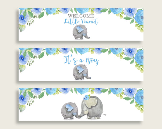 Blue Gray Water Bottle Labels Printable, Elephant Blue Water Bottle Wraps, Elephant Blue Baby Shower Boy Bottle Wrappers, Instant ebl01