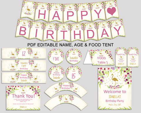 Flamingo Birthday Party Package, Glitter Decorations Set Editable Gold Green, Birthday Kit Printable for Girl, P3SIV