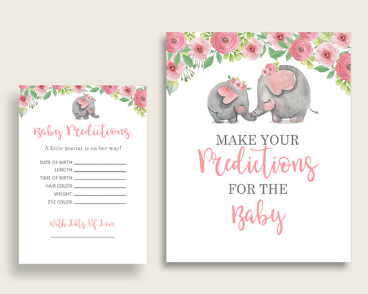 Pink Elephant Baby Shower Prediction Cards & Sign Printable, Pink Grey Baby Prediction Game Girl, Instant Download, Trunk Tusks Snorky ep001