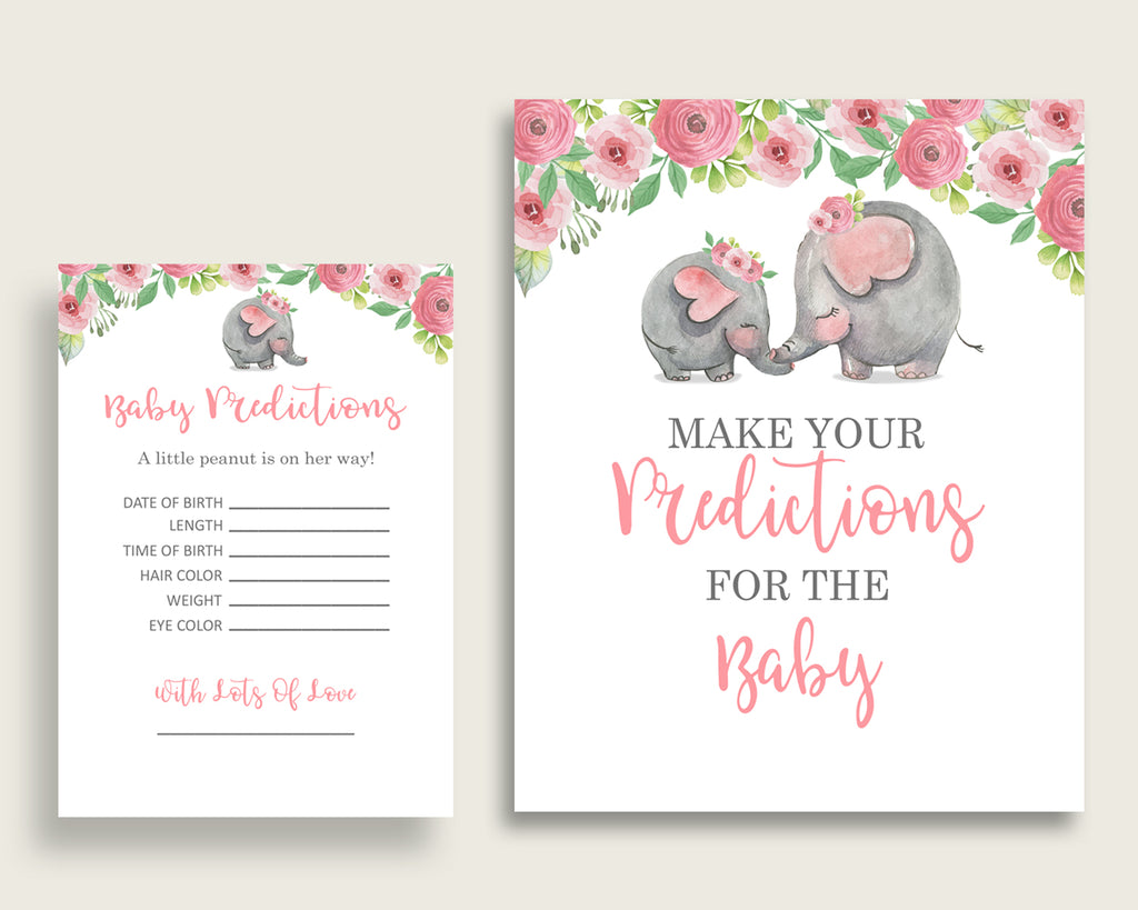 Pink Elephant Baby Shower Prediction Cards & Sign Printable, Pink Grey Baby Prediction Game Girl, Instant Download, Trunk Tusks Snorky ep001