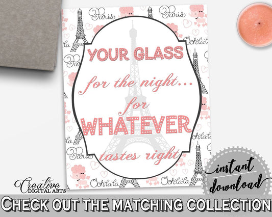 Pink And Gray Paris Bridal Shower Theme: Your Glass For The Night Sign - tastes right, french bridal shower, party décor, prints - NJAL9 - Digital Product