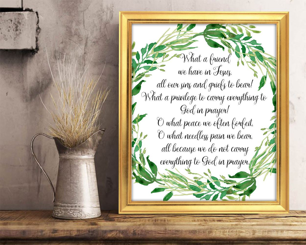 Wall Decor Jesus Printable Prayer Prints Jesus Sign Prayer  Printable Art Jesus wreath green watercolor leaves god quote jesus friend hymn - Digital Download