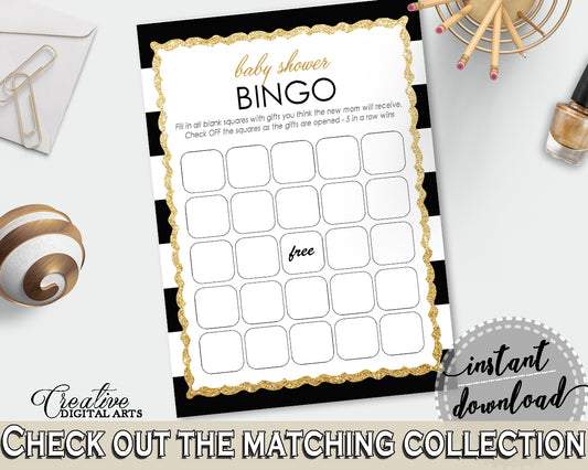 Baby Shower printable BINGO GIFT cards game with black strips printable and glitter gold title, Jpg Pdf, instant download - bs001