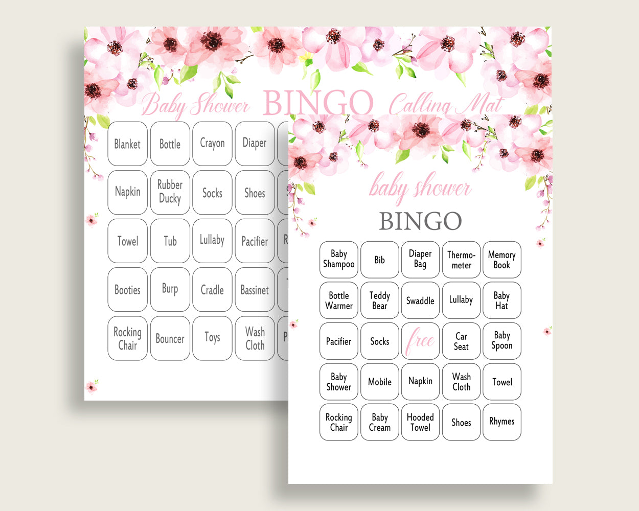 Flower Blush Baby Shower Bingo Cards Printable, Pink Green Baby Shower Girl, 60 Prefilled Bingo Game Cards, Most Popular Cute Flowers VH1KL