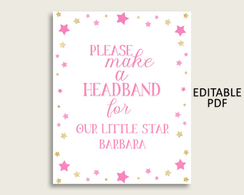Twinkle Star Baby Shower Headband Sign, Pink Gold Headband Station Sign Editable, Girl Shower Headband For Baby, Instant Download, bsg01