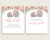 Pink Elephant Baby Shower Girl Table Signs Printable, Pink Grey Party Table Decor, Favors, Food, Drink, Treat, Guest Book, Instant ep001