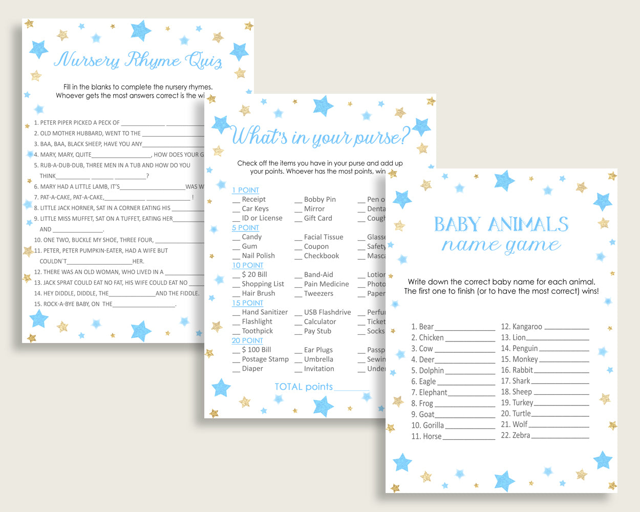 Stars Baby Shower Games Printable Pack, Blue Gold Baby Shower Games Package Boy, Stars Games Bundle Set, Instant Download, Little Star bsr01