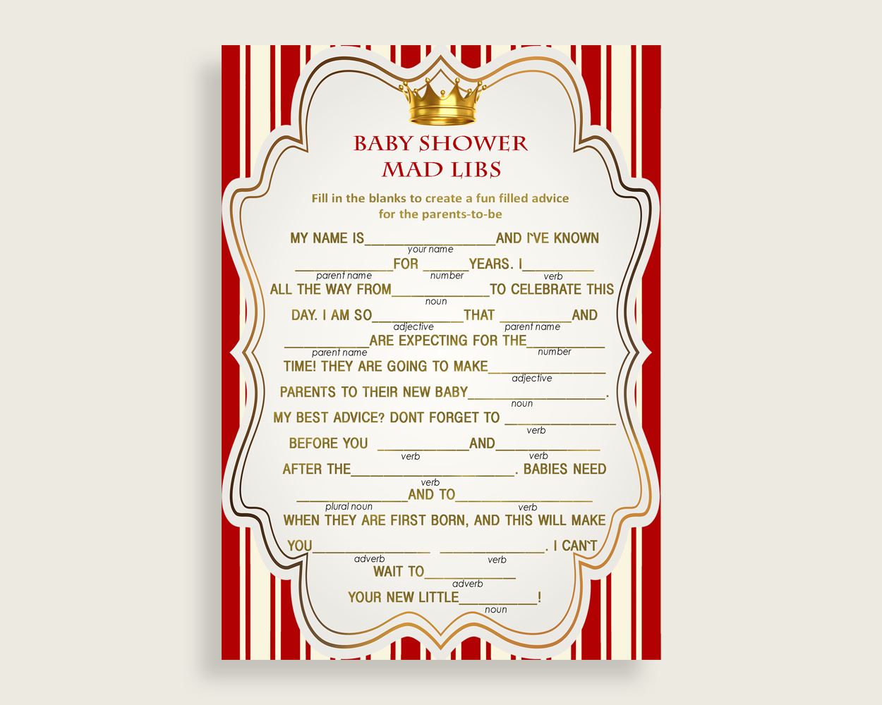 Red Gold Mad Libs Baby Shower Boy Game Printable, Prince Mad Libs Fun Activity, DIY digital file, Cute Theme Most Popular Crown 92EDX