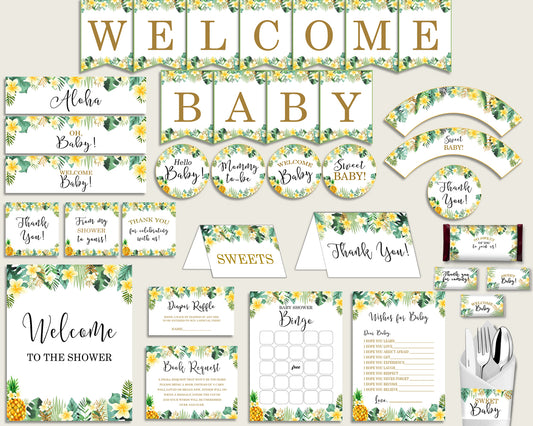 Green Yellow Baby Shower Decorations Gender Neutral Kit, Tropical Baby Shower Party Package Printable, Instant Download, Hawaiian Luau 4N0VK