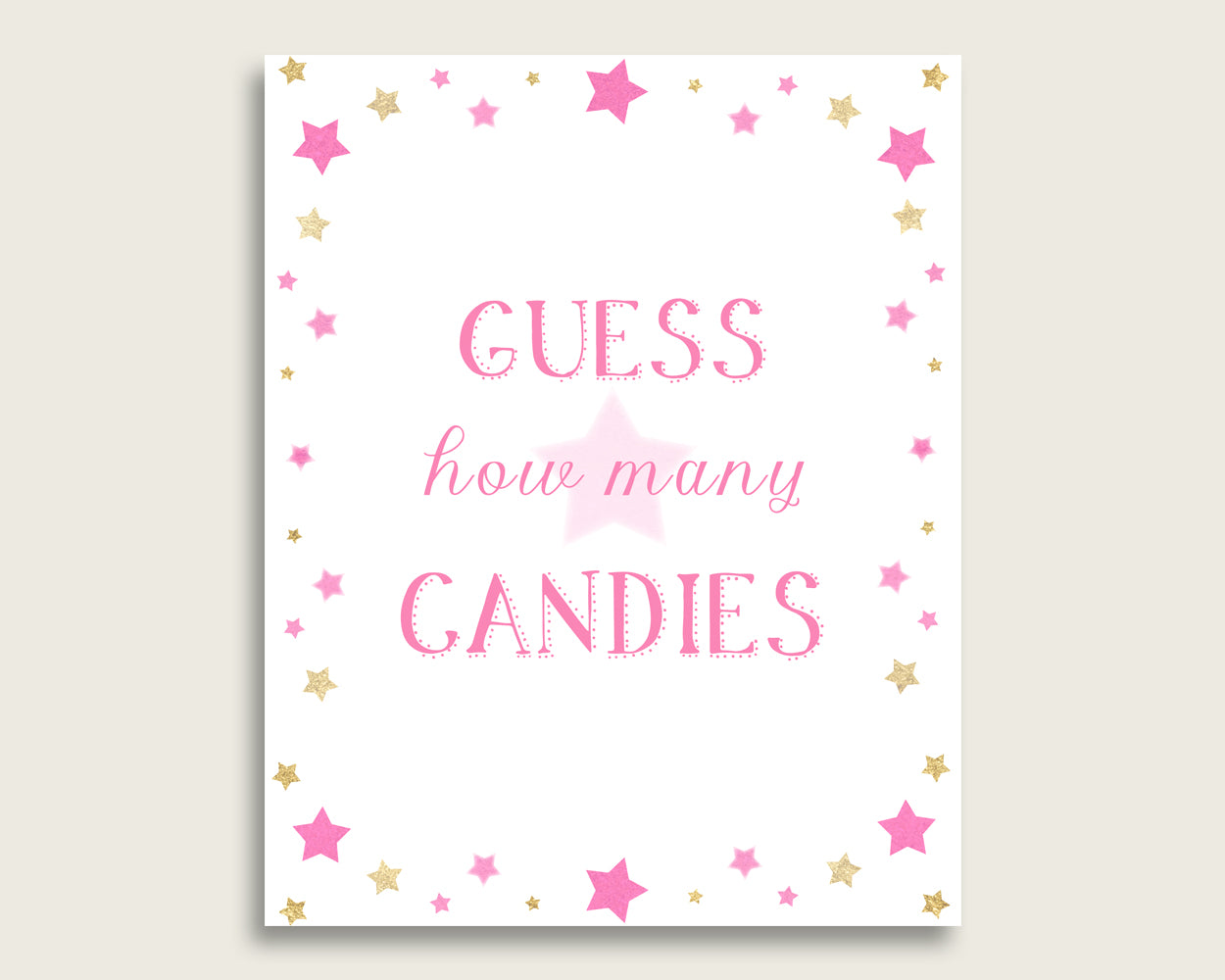 Pink Gold Candy Guessing Game, Twinkle Star Baby Shower Girl Sign And Cards, Guess How Many Candies, Candy Jar Game, Jelly Beans bsg01