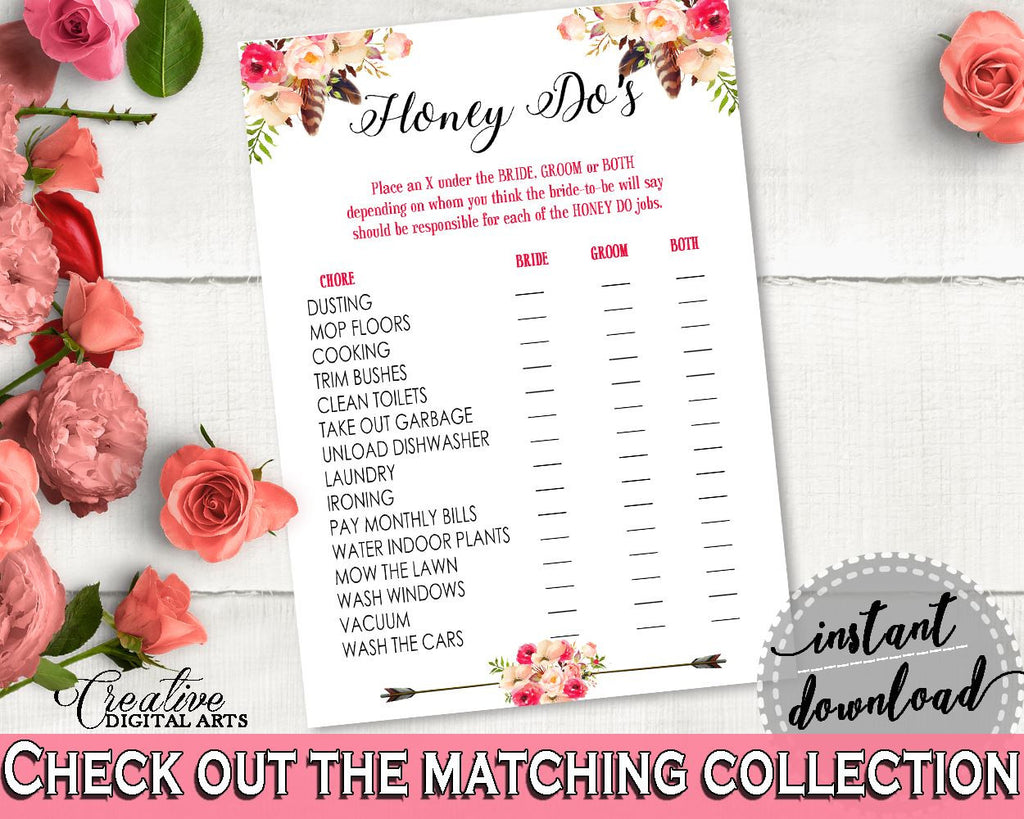 Pink And Red Bohemian Flowers Bridal Shower Theme: Honey Do List - honey do's bridal, shabby chic, pdf jpg, printables, prints - 06D7T - Digital Product