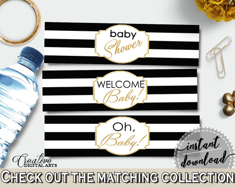 Baby shower WATER BOTTLE LABELS printable with black white stripes color theme, digital files Pdf Jpg, instant download - bs001