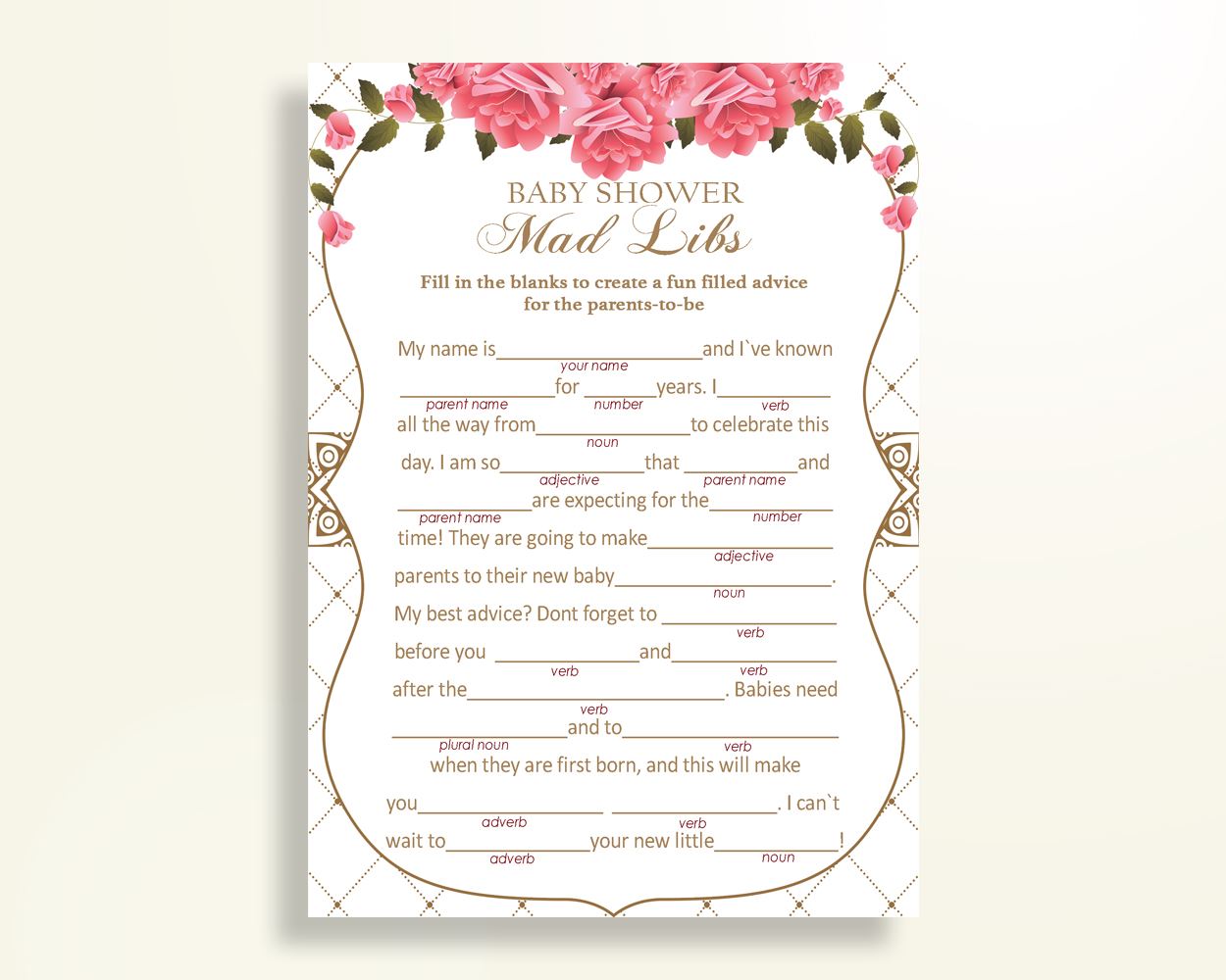 Mad Libs Baby Shower Mad Libs Roses Baby Shower Mad Libs Baby Shower Roses Mad Libs Pink White baby shower idea party stuff prints U3FPX - Digital Product