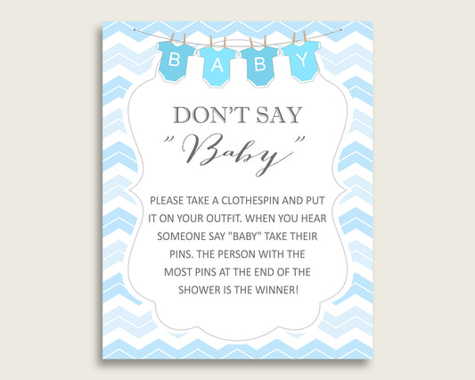 Blue White Don't Say Baby Printable Game, Boy Baby Shower Chevron Game Sign, Instant Download, 8x10, Light Blue Stripy Lines Popular cbl01