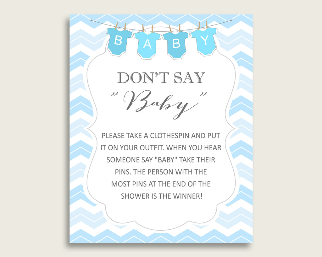 Blue White Don't Say Baby Printable Game, Boy Baby Shower Chevron Game Sign, Instant Download, 8x10, Light Blue Stripy Lines Popular cbl01
