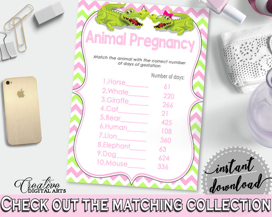 Baby Shower ANIMAL GESTATION game with green alligator and pink color theme, instant download - ap001