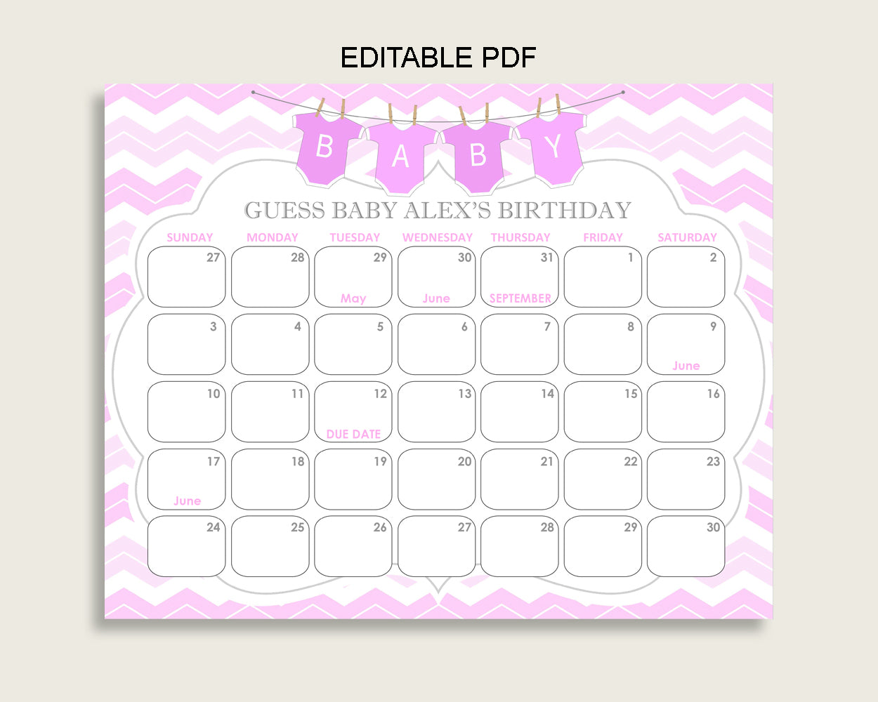 Pink White Guess Baby Due Date Calendar Game Printable, Chevron Baby Shower Girl Birthday Prediction Calendar Editable, Instant cp001