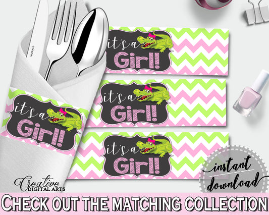 Baby shower NAPKIN RINGS printable with green alligator and pink color theme, instant download - ap001