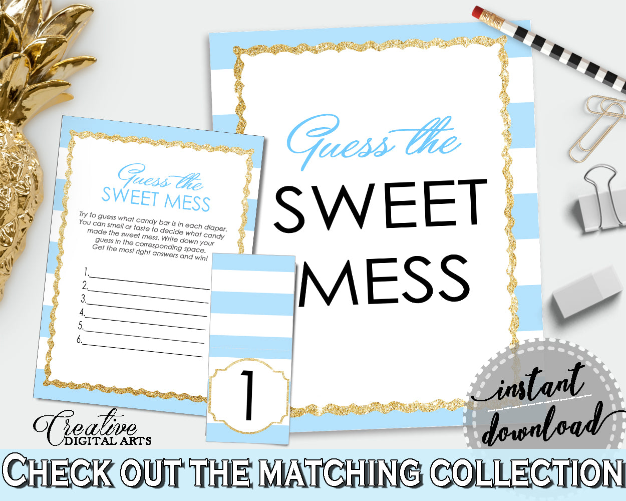 Baby shower GUESS the SWEET MESS game cards tents and sign with blue stripes theme, glitter gold, Jpg Pdf, instant download - bs002