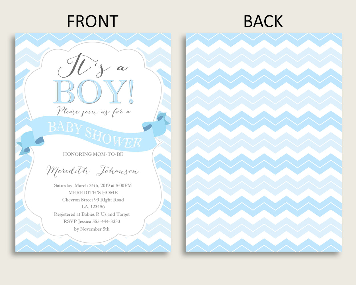 Chevron Baby Shower Invitations Printable, Digital Or Printed Invitation Baby Shower Boy, Editable Invitation Blue White Popular Light cbl01