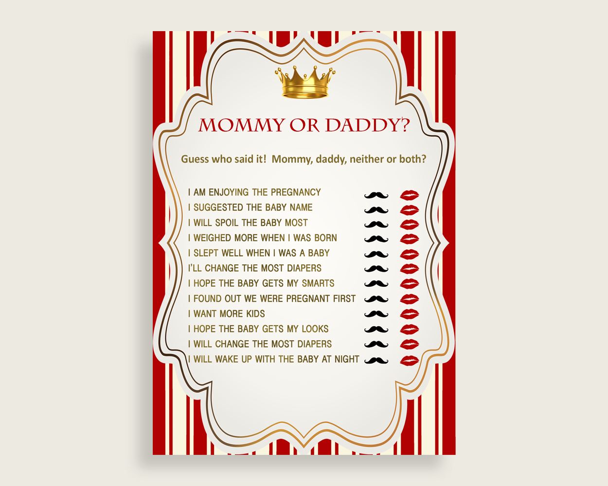 Red Gold Mommy Or Daddy Baby Shower Boy Game Printable, Prince Guess Who Said It, He Said She Said, Instant Download, Crown, 92EDX