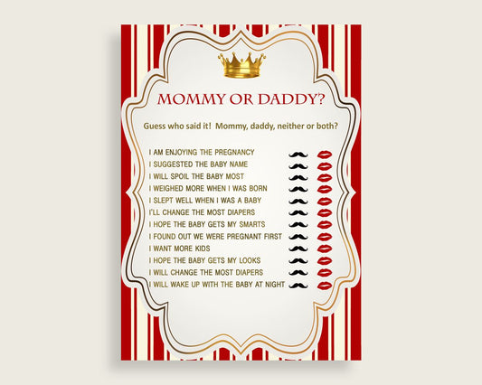 Red Gold Mommy Or Daddy Baby Shower Boy Game Printable, Prince Guess Who Said It, He Said She Said, Instant Download, Crown, 92EDX