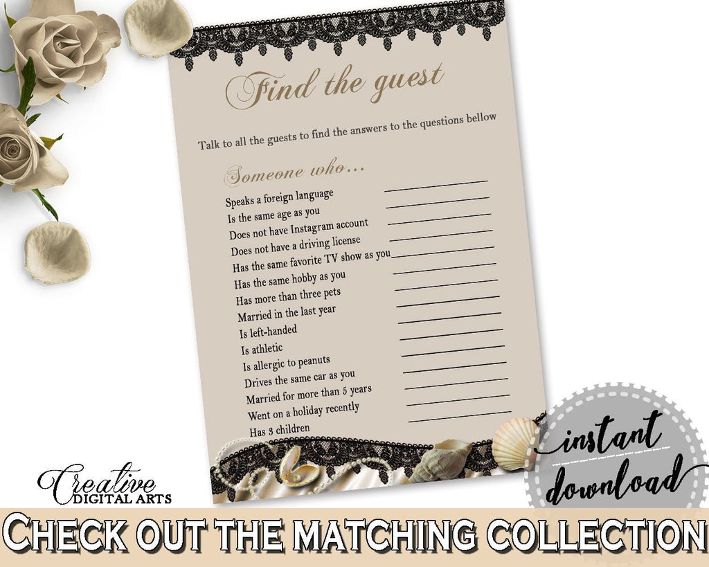 Find The Guest Game in Seashells And Pearls Bridal Shower Brown And Beige Theme, search guest, lace shower, party theme, party decor - 65924 - Digital Product