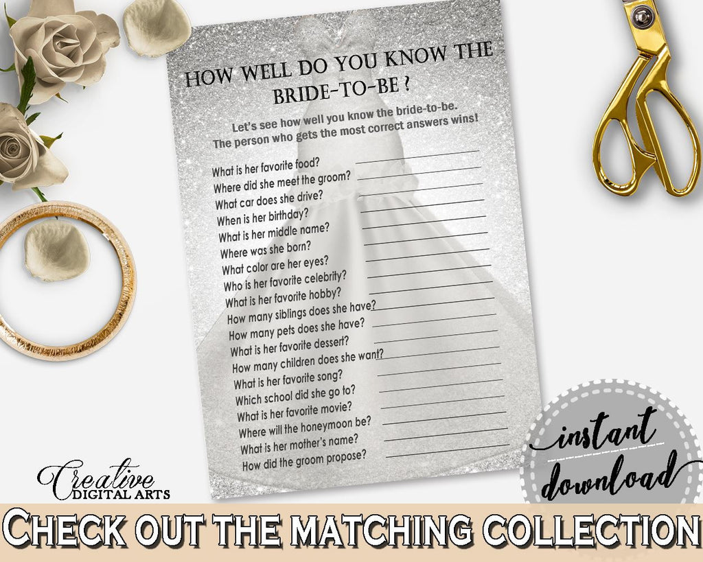Silver Wedding Dress Bridal Shower How Well Do You Know The Bride To Be in Silver And White, conversance bride, party organization - C0CS5 - Digital Product