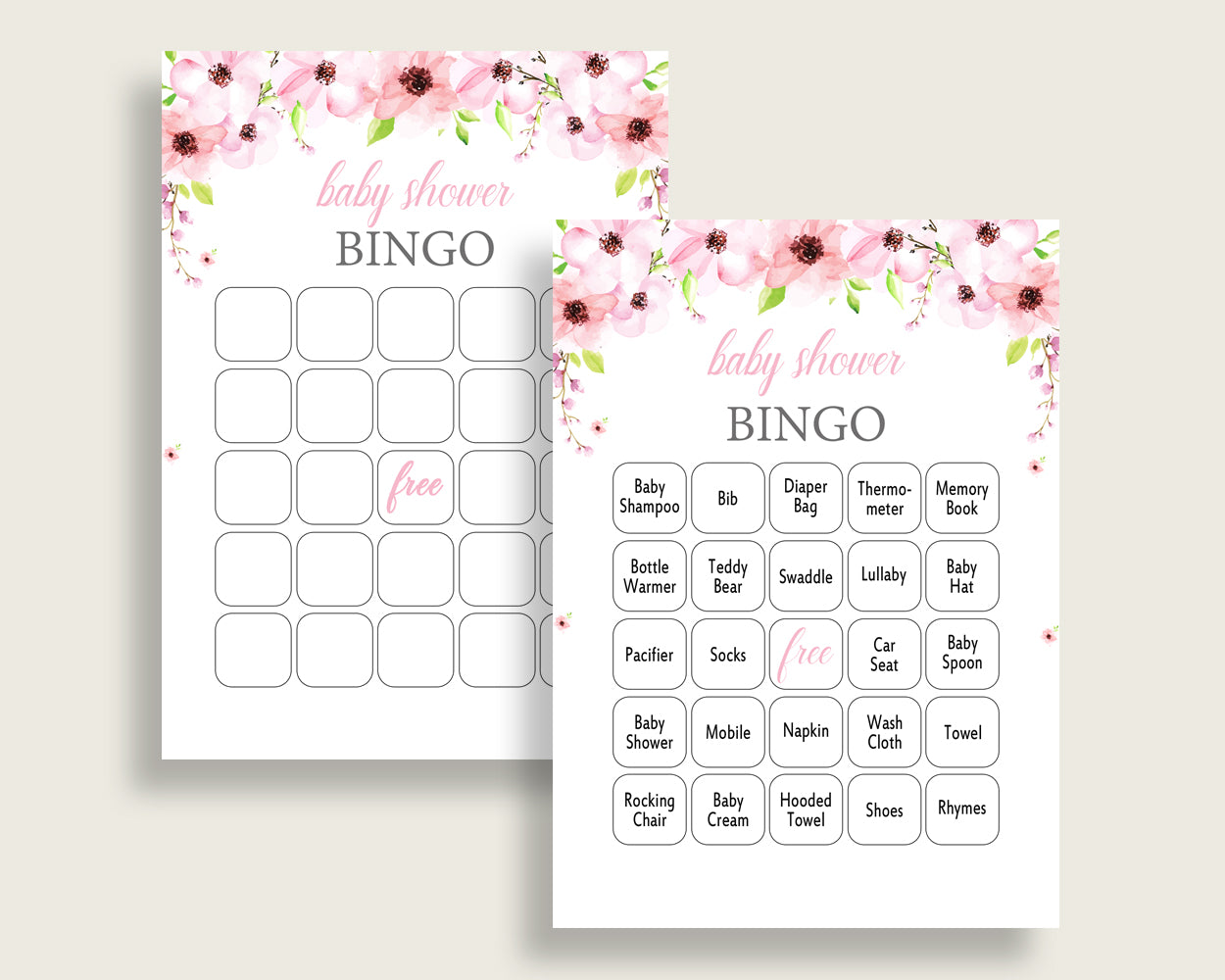 Flower Blush Baby Shower Bingo Cards Printable, Pink Green Baby Shower Girl, 60 Prefilled Bingo Game Cards, Most Popular Cute Flowers VH1KL