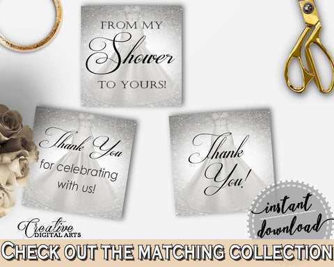 Thank You Tags Square in Silver Wedding Dress Bridal Shower Silver And White Theme, acknowledgement, party plan, party planning - C0CS5 - Digital Product