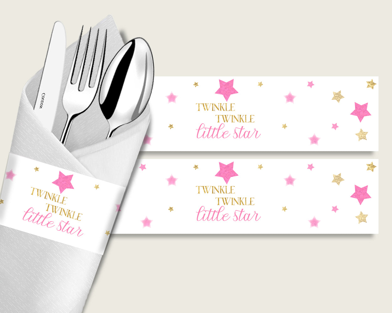 Twinkle Star Baby Shower Napkin Rings Printable, Pink Gold Napkin Wrappers, Girl Shower Utensils Wrap, Instant Download, Cute Stars bsg01