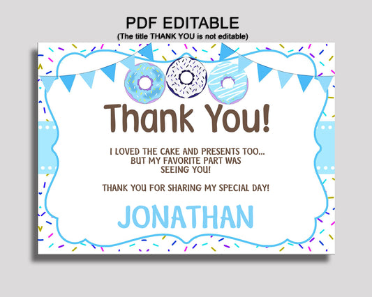 Donut Thank You Card Donut Birthday Thank You Blue White Editable Donut Printable Thank You Boy 4X9CJ