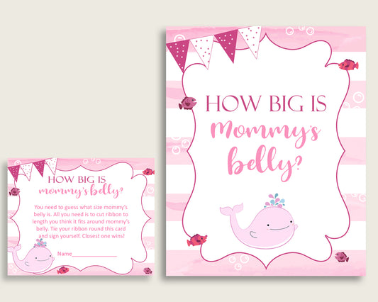 Pink White How Big Is Mommy's Belly Game, Pink Whale Baby Shower Girl, Guess Mommys Belly Size, Mommy Tummy Game, Instant Download, wbl02