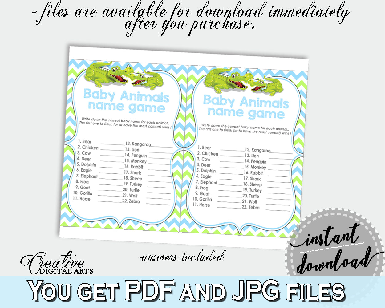 NAME THE BABY ANIMALS baby shower game with green alligator and blue color theme, instant download - ap002