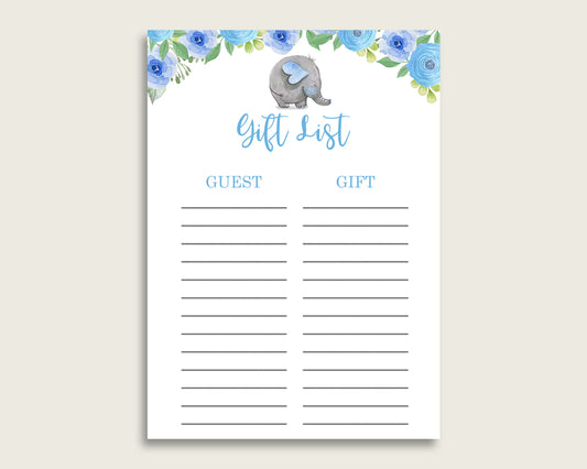 Elephant Blue Baby Shower Gift List, Blue Gray Gift List Printable, Boy Baby Shower Gift Checklist Sheet, Instant Download, Mammoth ebl01