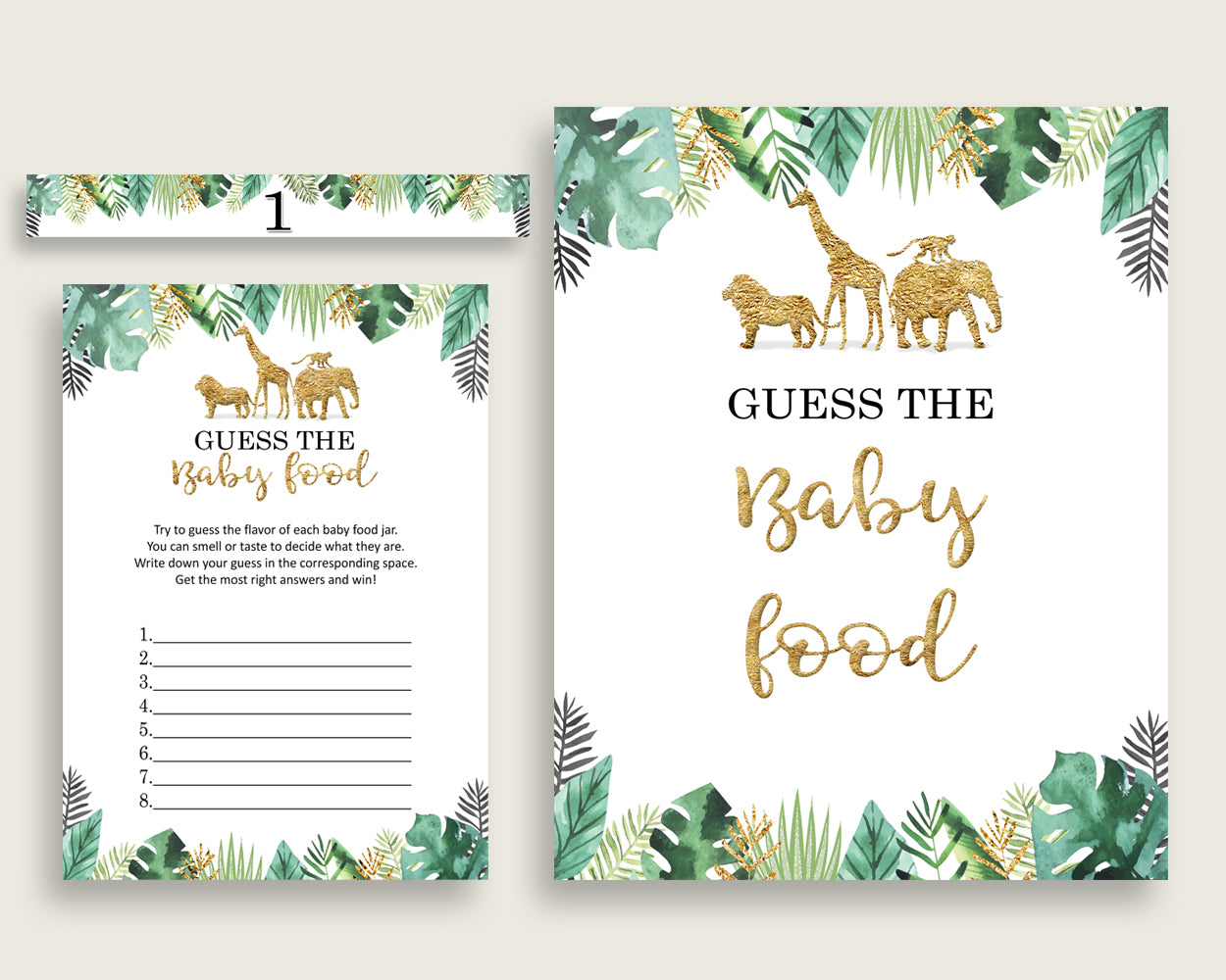 Gold Green Jungle Guess The Baby Food Game Printable, Gender Neutral Baby Shower Food Guessing Game Activity, Instant Download, EJRED