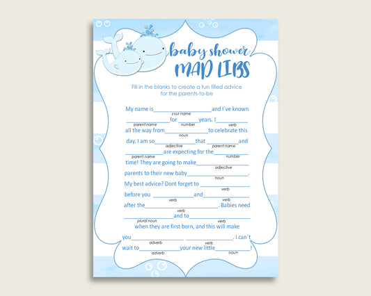 Blue White Mad Libs Baby Shower Boy Game Printable, Whale Mad Libs Fun Activity, DIY digital file, Light Blue Summer Popular Theme wbl01