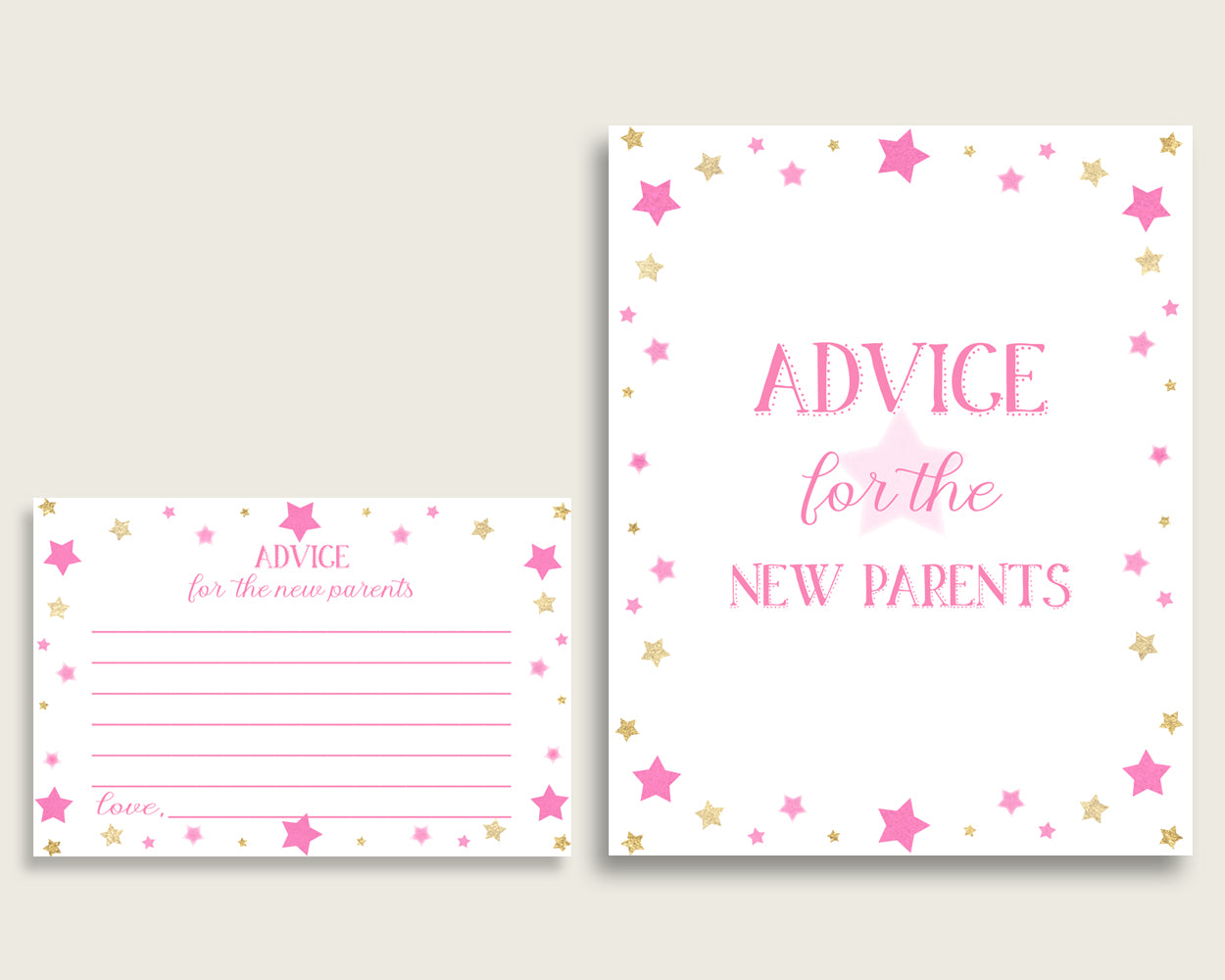 Twinkle Star Advice For Mommy To Be Cards & Sign, Printable Baby Shower Pink Gold Advice For New Parents, Instant Download, Cute Stars bsg01