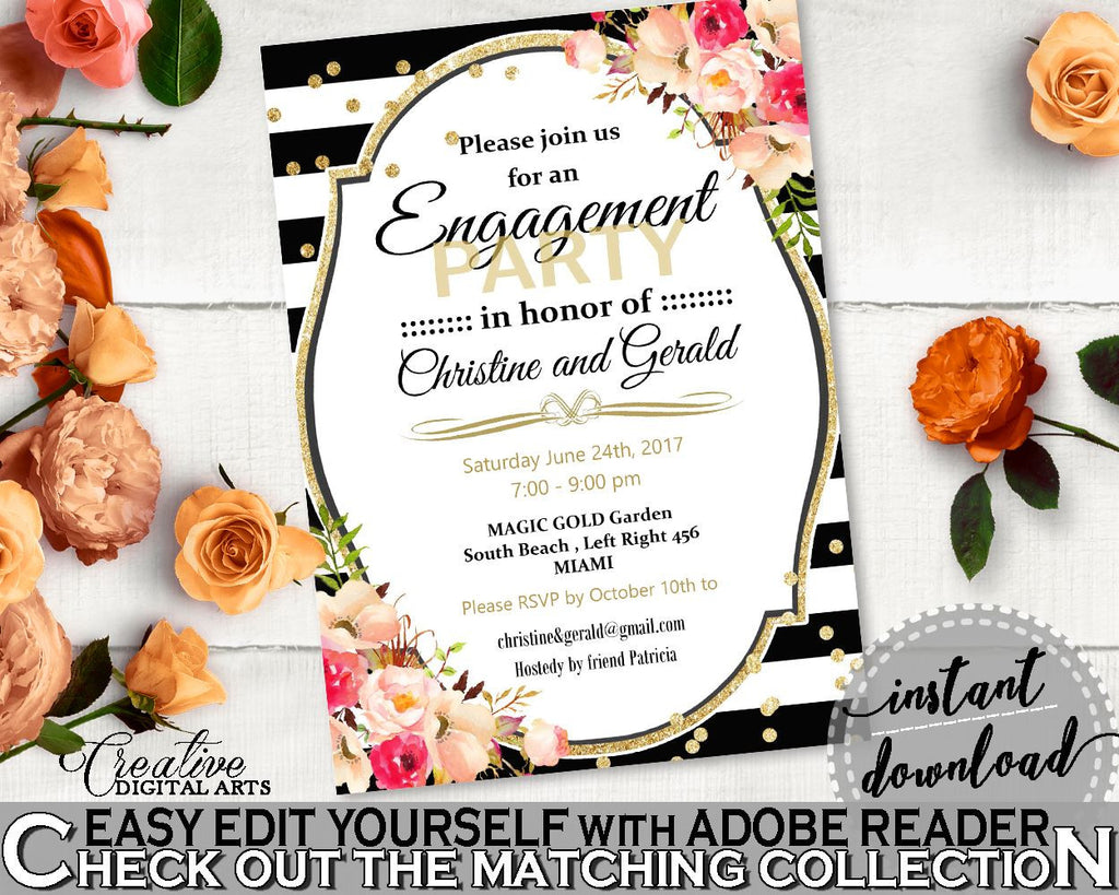 Flower Bouquet Black Stripes Bridal Shower Engagement Party Invitation Editable in Black And Gold, party invite, party plan - QMK20 - Digital Product