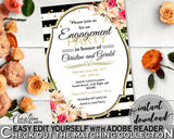 Flower Bouquet Black Stripes Bridal Shower Engagement Party Invitation Editable in Black And Gold, party invite, party plan - QMK20 - Digital Product