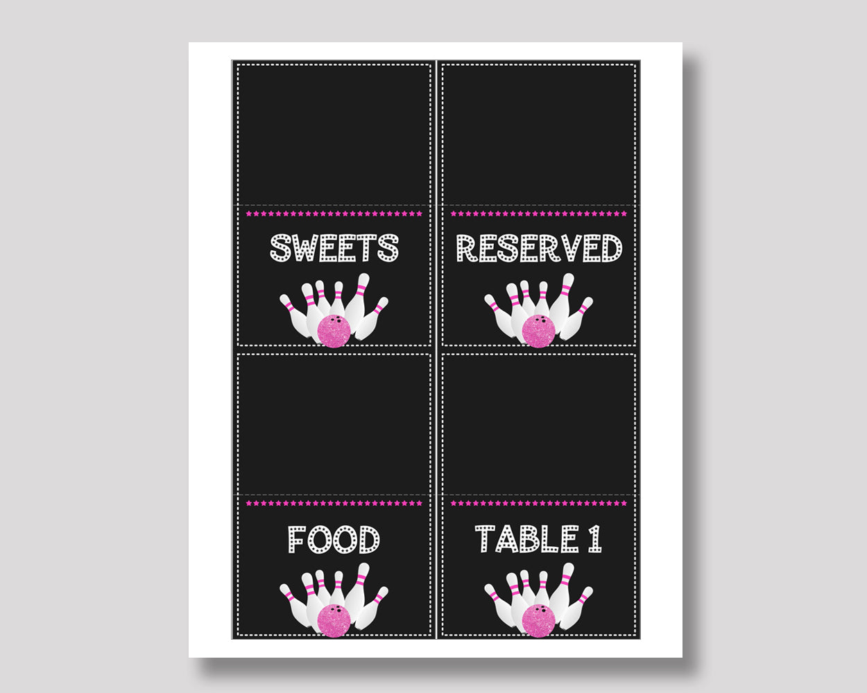 Bowling Birthday Party Food Tent, Pink Black Event Tent Cards, Bowling Food Table Labels, Party Foldable Food Tent Girl, WYP5V