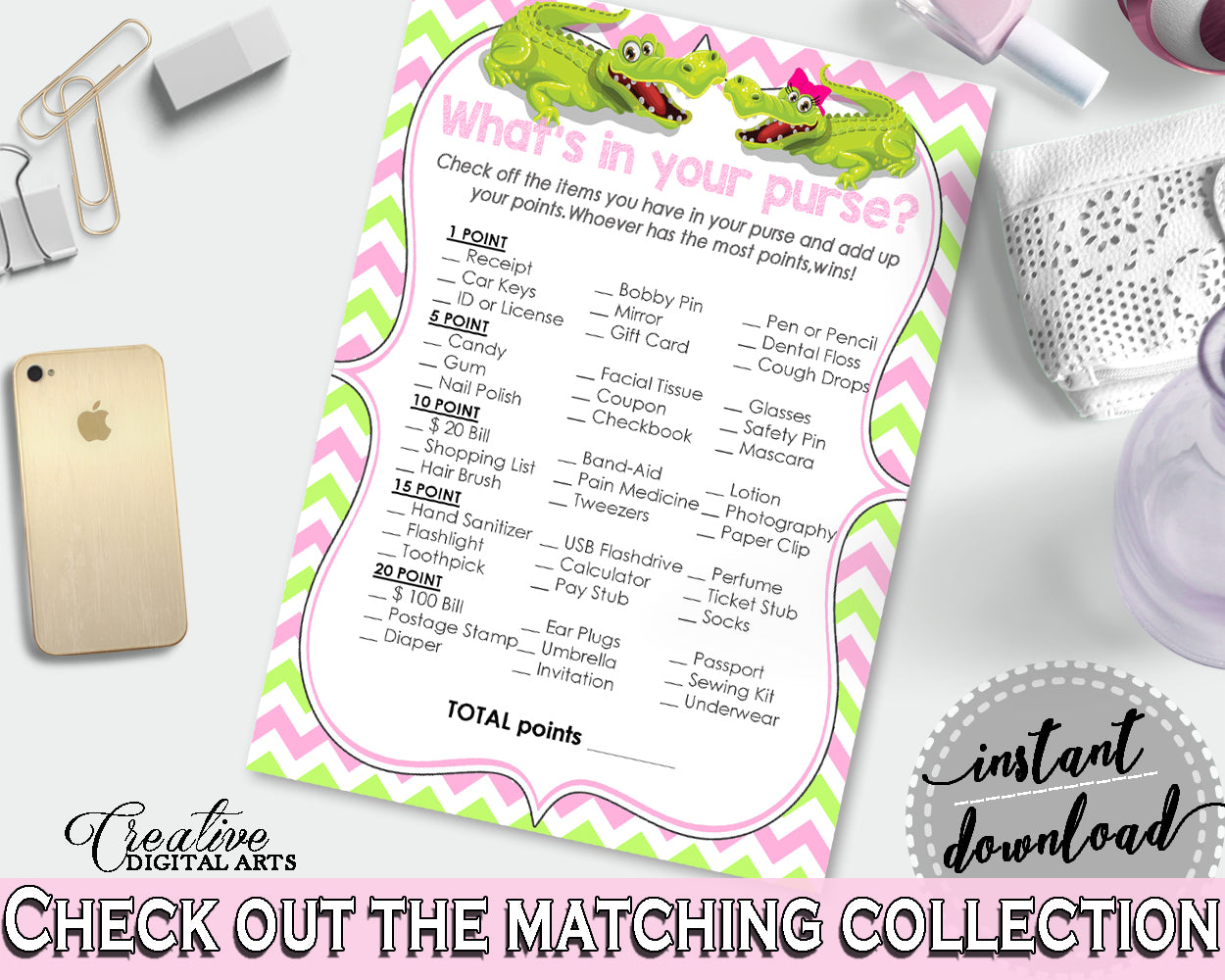 WHAT'S IN YOUR PURSE baby shower game with green alligator and pink color theme, instant download - ap001