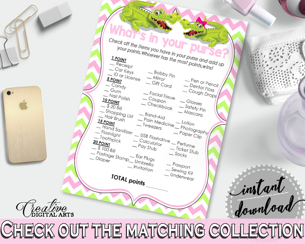 WHAT'S IN YOUR PURSE baby shower game with green alligator and pink color theme, instant download - ap001