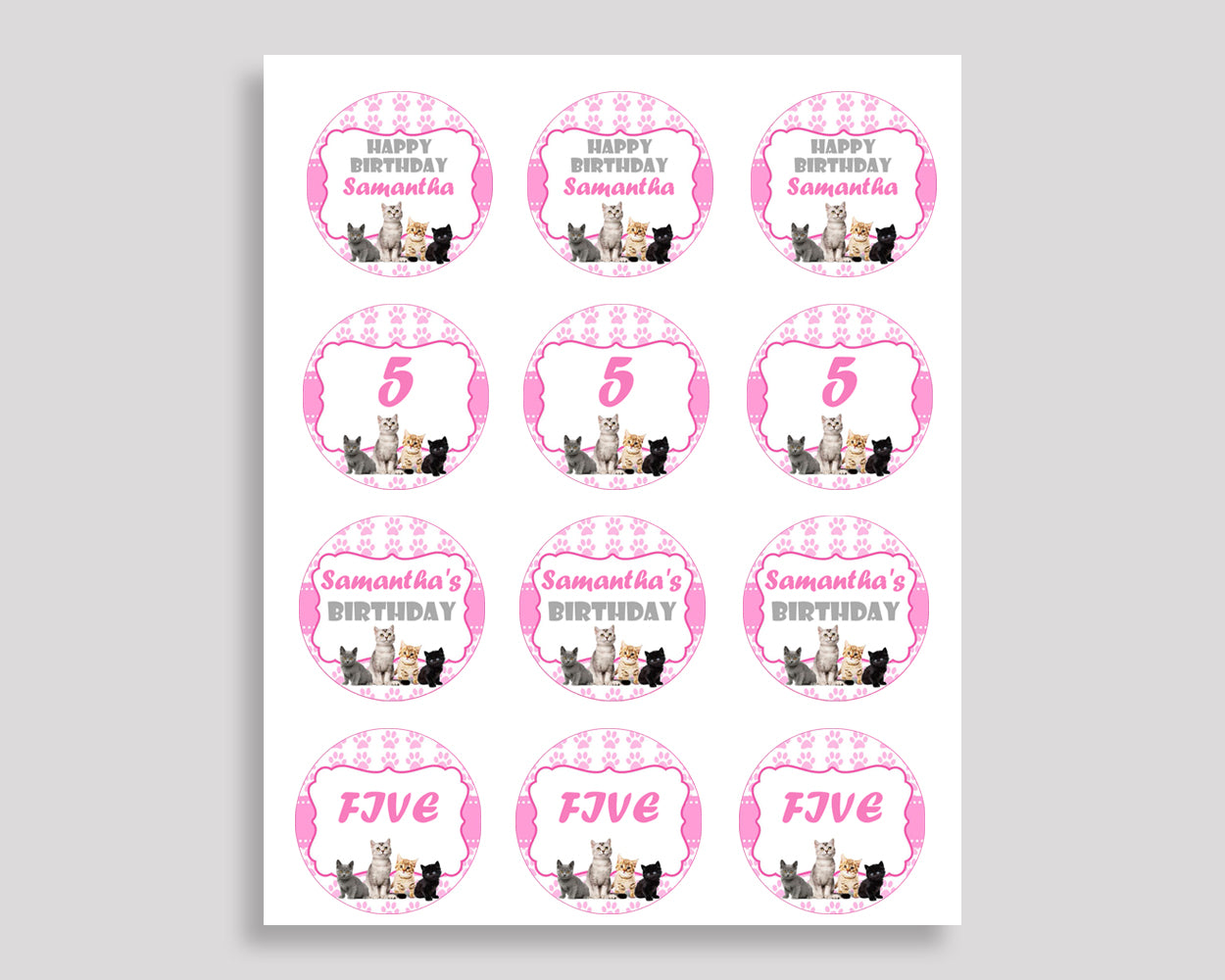 Cat Cupcake Toppers Cat Cupcake Wrappers Pink White Birthday Toppers Girl INHA8