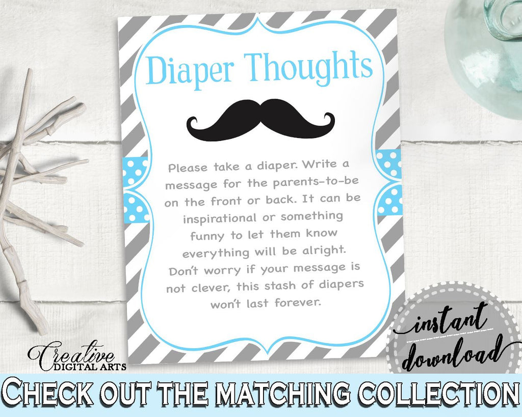 Blue Gray Diaper Thoughts, Baby Shower Diaper Thoughts, Mustache Baby Shower Diaper Thoughts, Baby Shower Mustache Diaper Thoughts 9P2QW - Digital Product